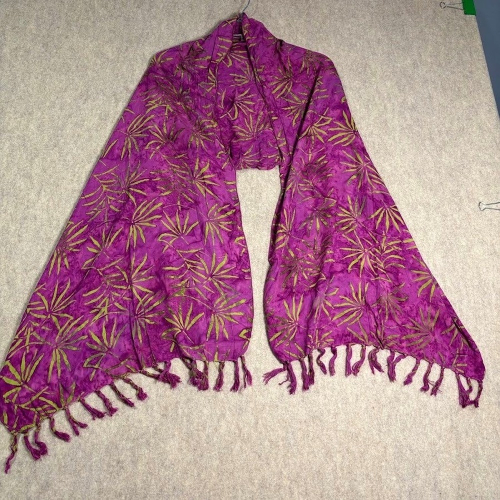 Scarf Womens OS Purple Rayon Batik Palm Leaf Fringe Boho Coastal Wrap‎ Festive